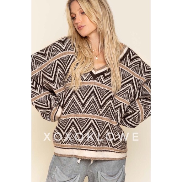 POL Brown Multi Aztec Pattern V Neck Sweater Oversized Slouchy Fit - Picture 7 of 10